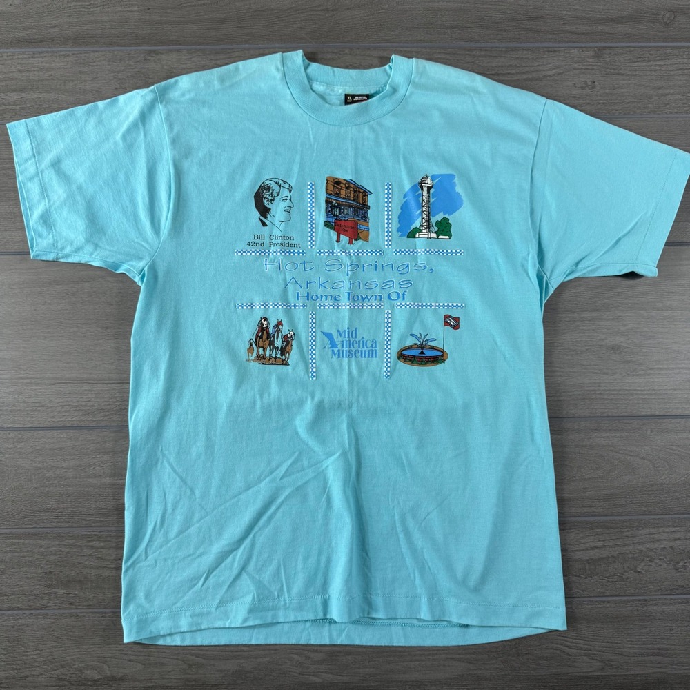 Vintage 90s Fruit of the Loom Hot Springs Arkansas Bill Clinton T-Shirt XL Blue